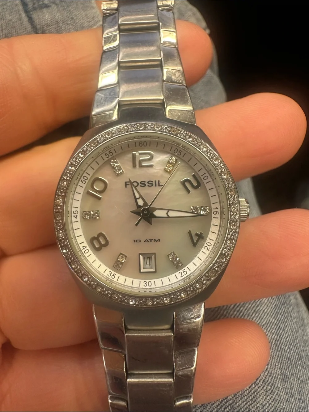 Fossil Silver Stainless Steel Watch with Mother-of-Pearl Dial